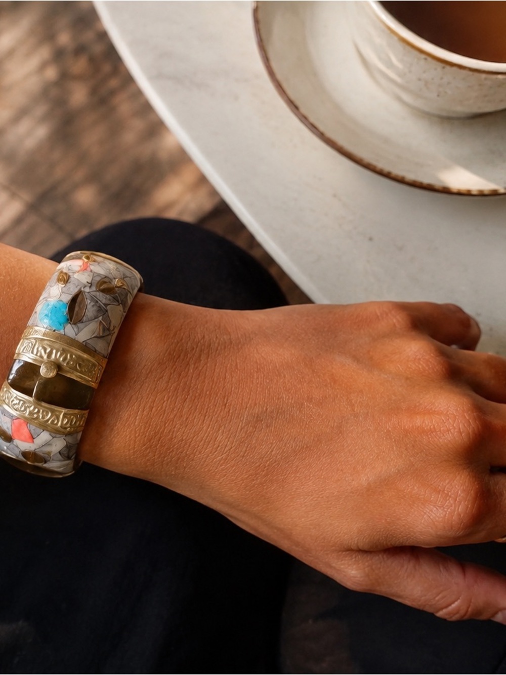 Vintage Brass Mosaic Inlay Bangle India Boho